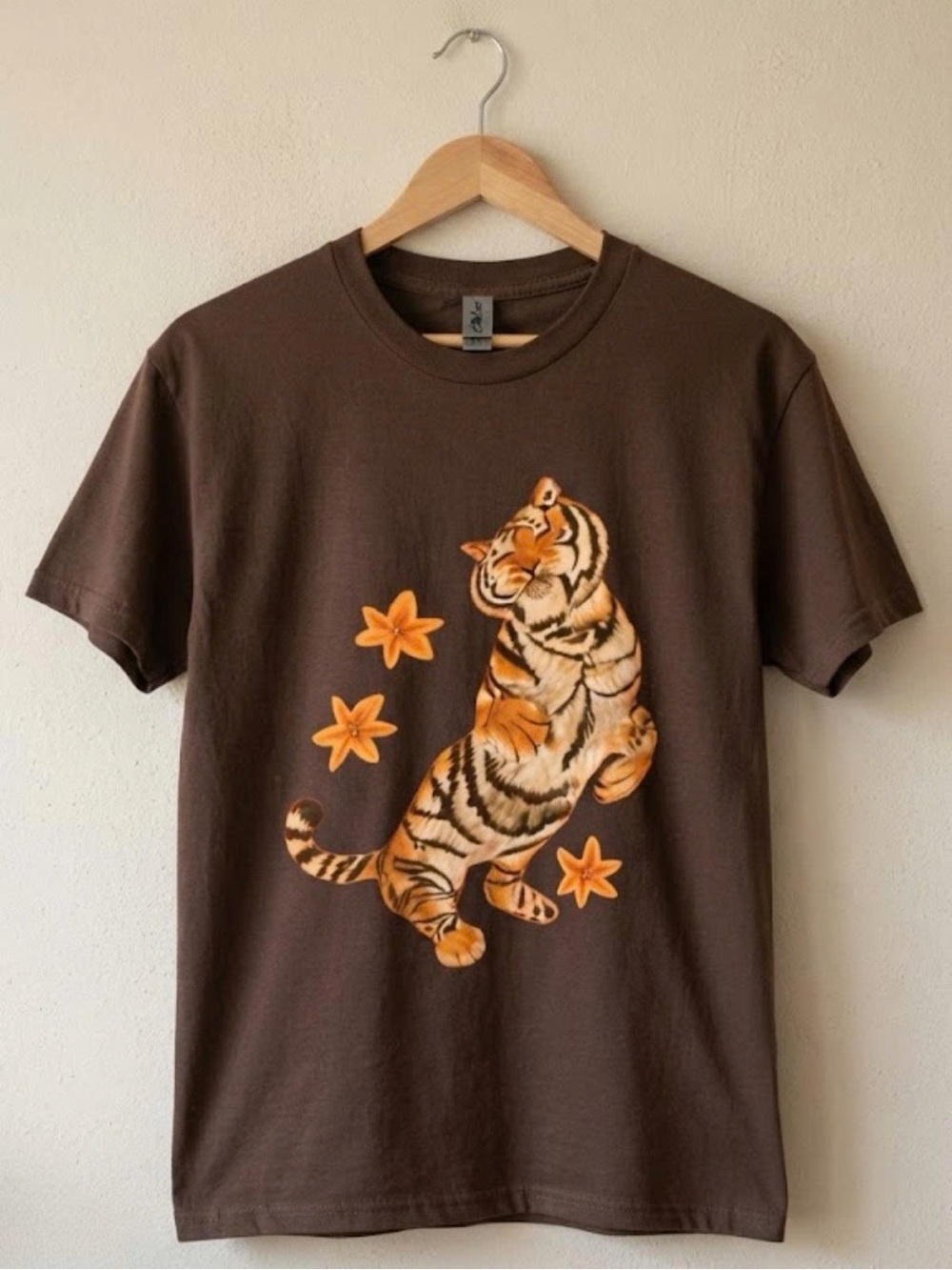 Gildan Brown Tee with Orange Tiger Graphic | Unisex Shirt